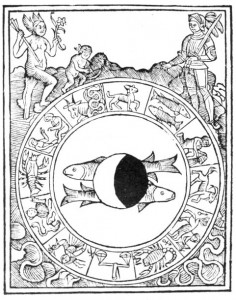 Circle containing the zodiacal signs around border, sign of Pisces at center on which is imposed a disk showing the dark and bright crescent phases of the moon; upper left Venus, nude, standing, having wings at head and feet, holding arrow in right hand 6-petalled flower in left; upper right Mars dressed in armor, holding sword in left hand.